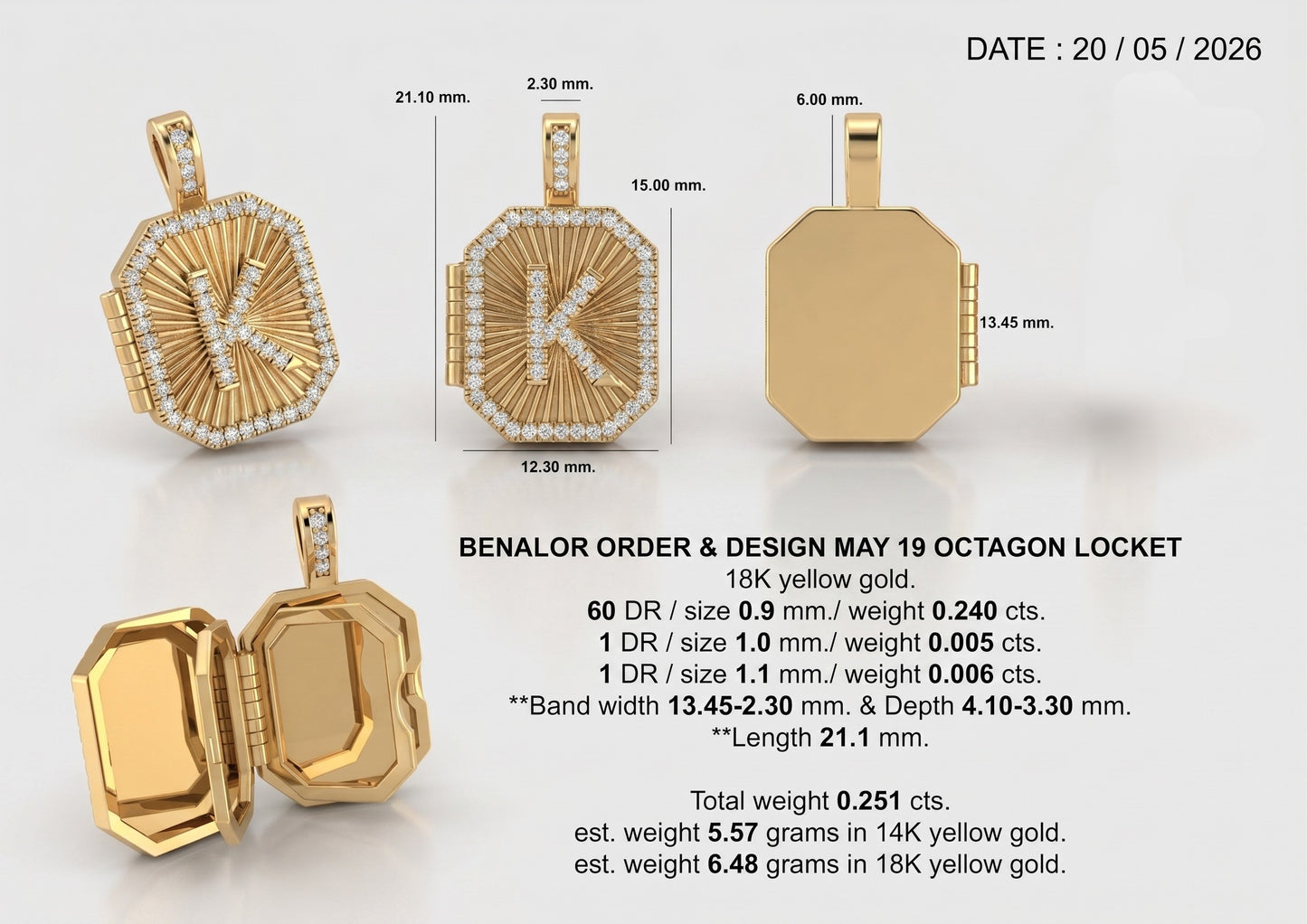 Custom "K" Octagon Locket - 14K Yellow Gold