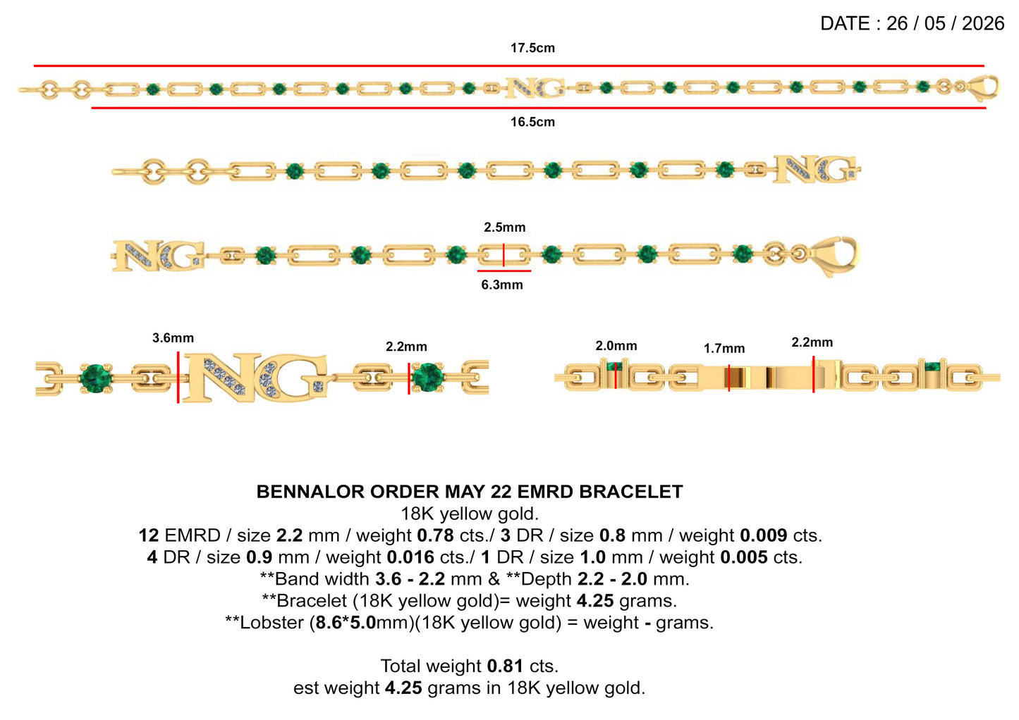 Custom Bracelet in 18K Yellow Gold and Natural Diamonds & Emeralds