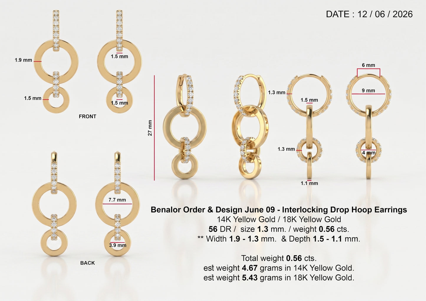 Custom Interlocking Drop Hoop Earrings 18K Yellow Gold Deposit